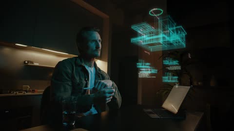 A man sits in his kitchen using his finger to navigate a hologram in the air