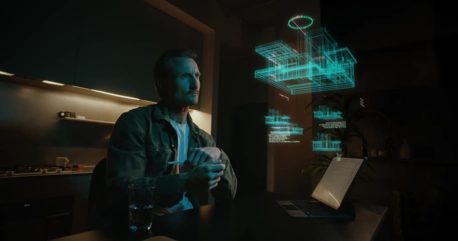A man sits in his kitchen using his finger to navigate a hologram in the air
