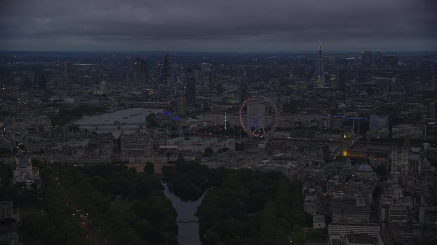 Aerial view of buildings and ferris wheel on the south bank of the river thames in london