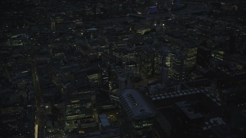 Aerial view of a metropolis with skyscrapers during the night