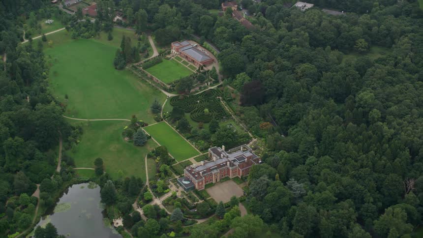 Aerial of a castle in a small rural town