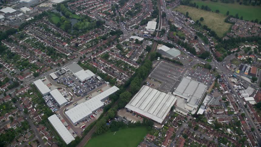 Aerial view of a densely populated extensive suburb
