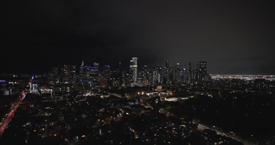 Aerial view of downtown tower blocks at night