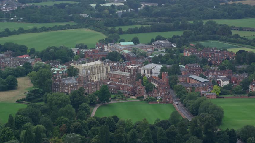Orbiting aerial view of eton college in england