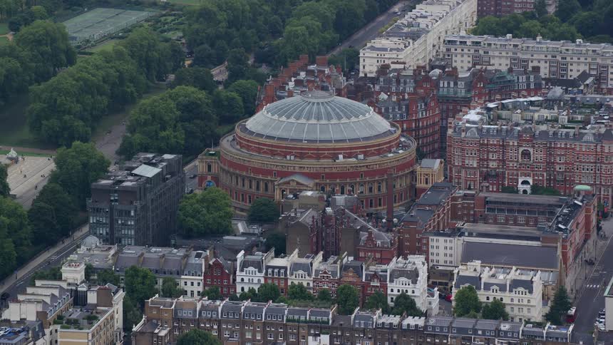 Aerial of a church with ancient architecture in an urban city