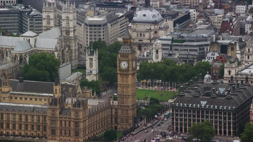 Aerial view of a city with public landmarks and buildings