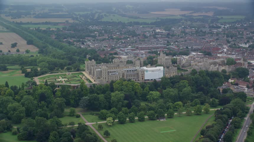Aerial view of a palace at the edge of a town