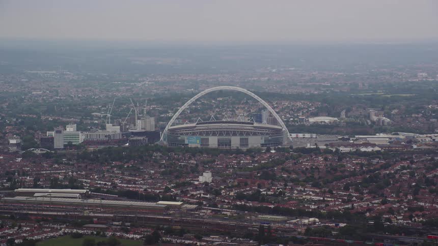 Aerial of a stadium in an urban city