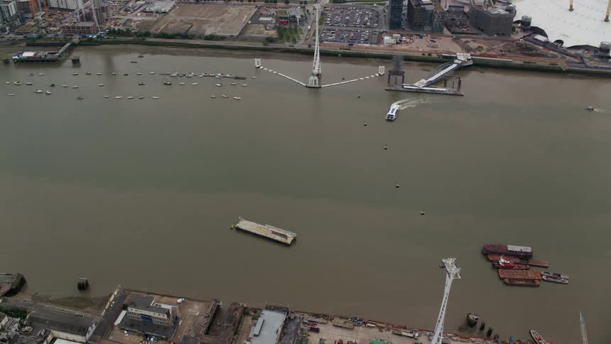 Aerial of the port area with vessel sailing