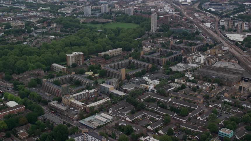 Aerial view of a city with public buildings during the day