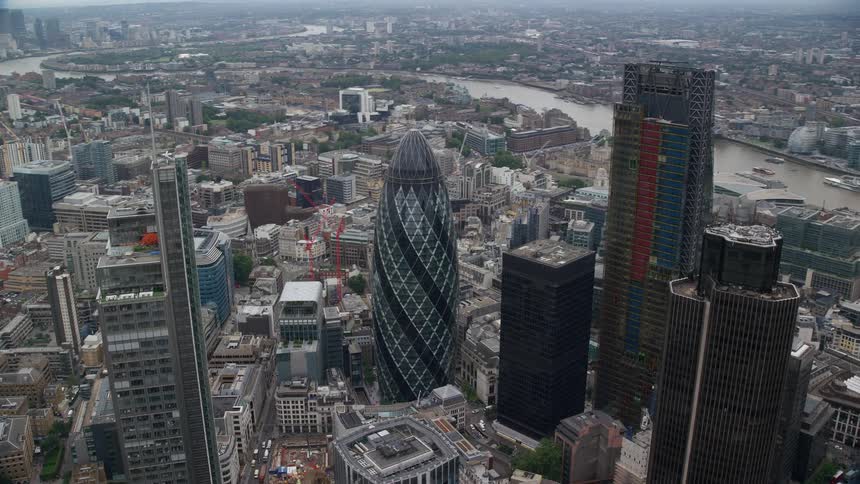 Aerial view of londons gherkin building and the surrounding area