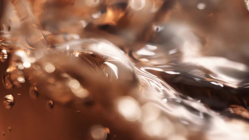 A clear brown liquid flowing in a glass container