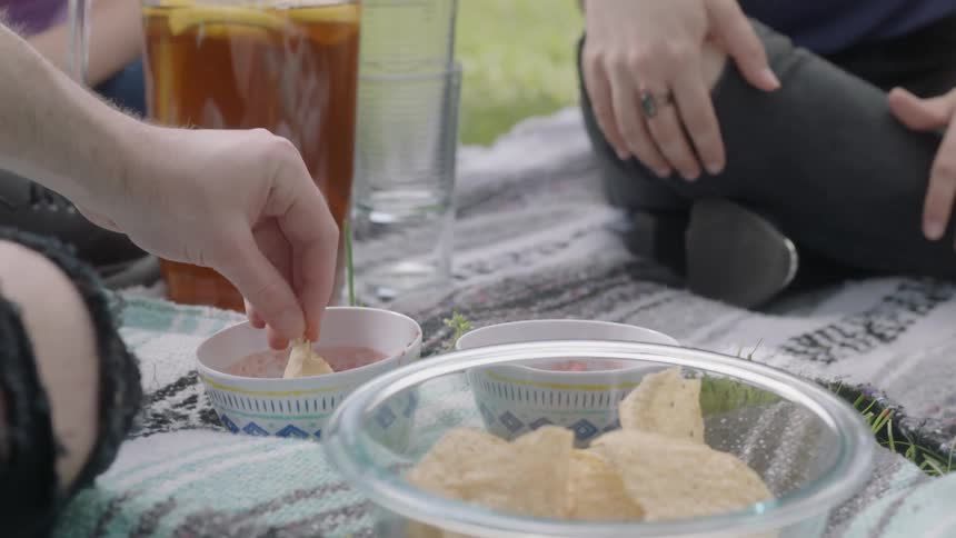 People sit down to a picnic eating chips and salsa