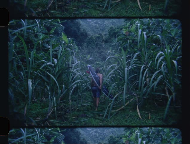 Man walking with his surfboard in the middle of an open forest