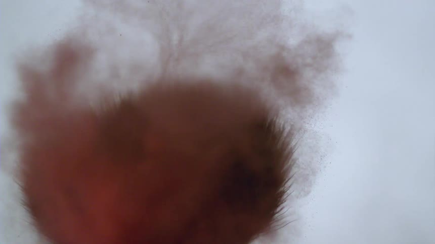 A fluffy make up brush flings red powder forward