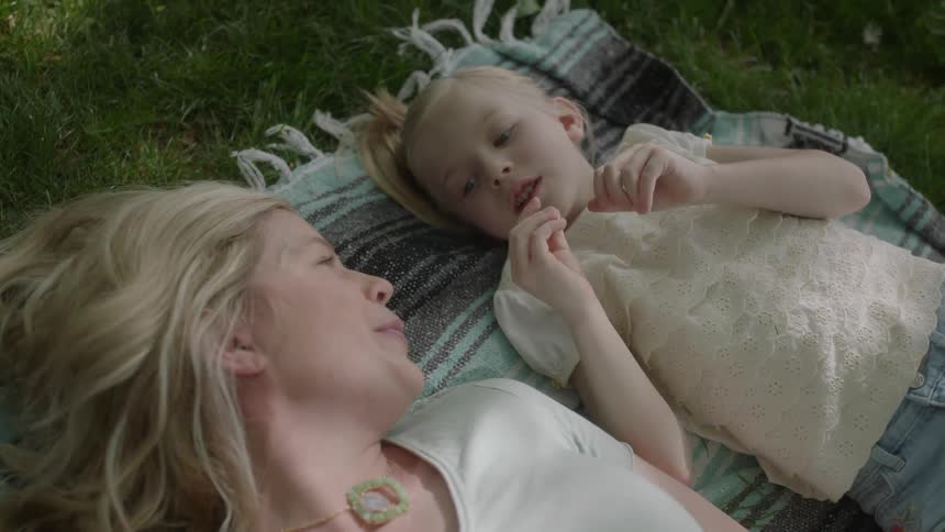 A woman and child lay on a blanket in the grass talking