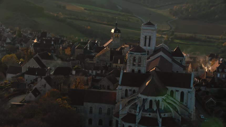 A large church is in the rural town