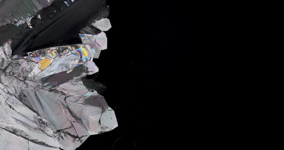 Smoothly growing crystals of liquid chemical watched with microscope