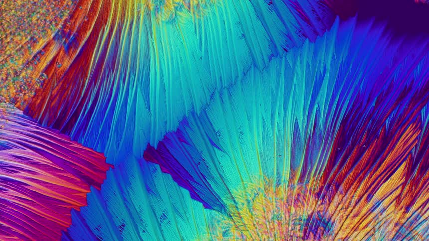 Colorful crystals growing and forming abstract shapes under microscope