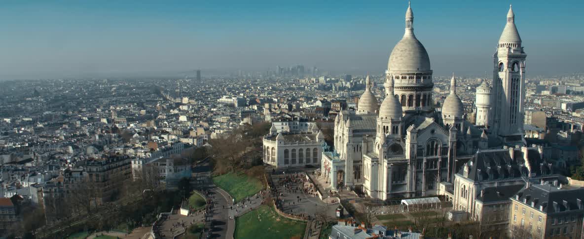 Aerial of a white castle in an urban city
