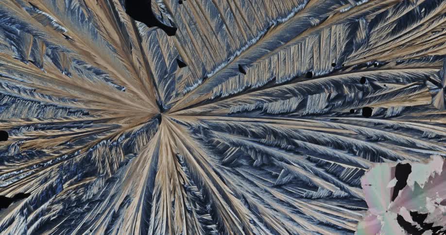 Growing crystals of sulfur liquid moving in abstract motion