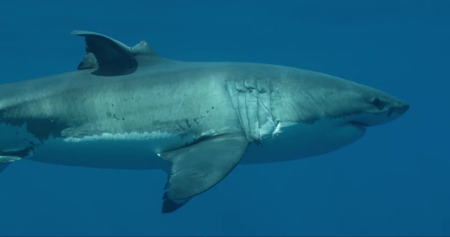 A shark calmly floats by in the bluest water