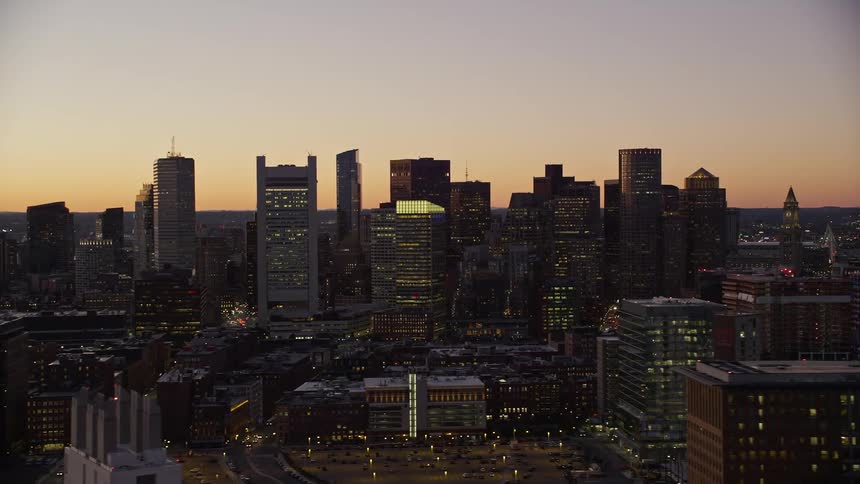 View of a metropolis with tall skyscrapers at dawn