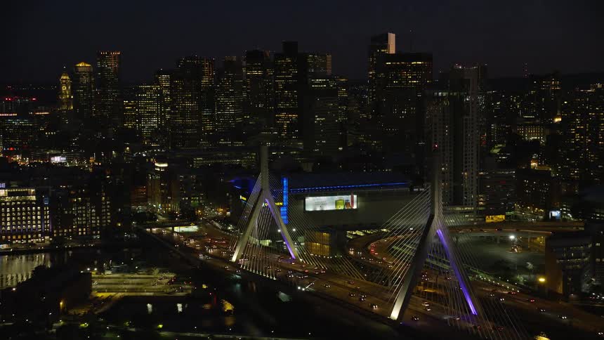 An aerial view of a city lit up at night