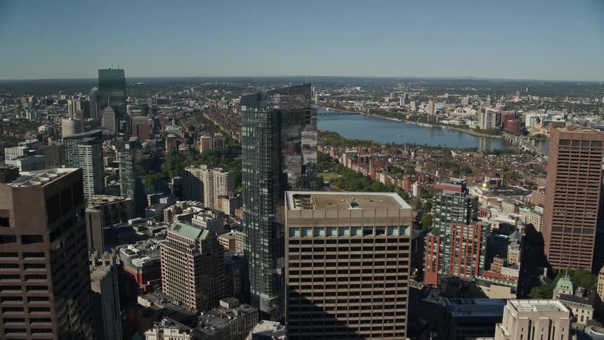 Aerial panorama of a metropolis by the lake