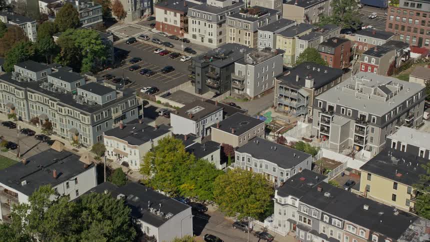 Apartment buildings fill the town