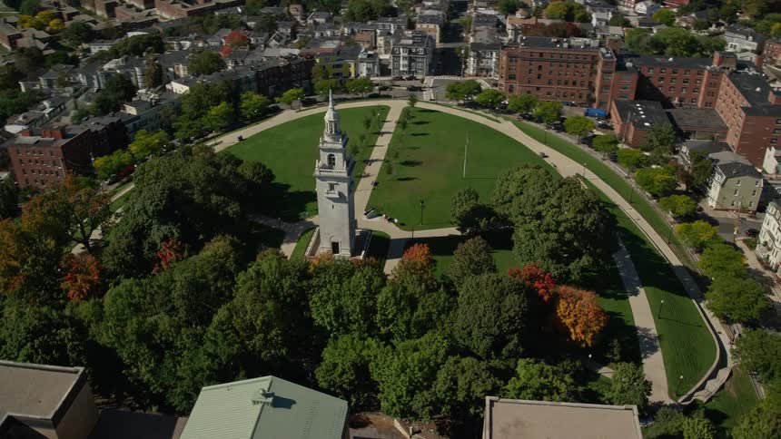 Aerial view of a bell tower on a park in the city
