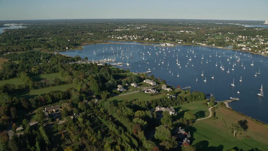 Aerial panorama of a central lake with boats