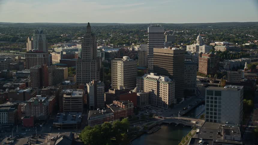 Aerial panorama of a metropolis by the lake