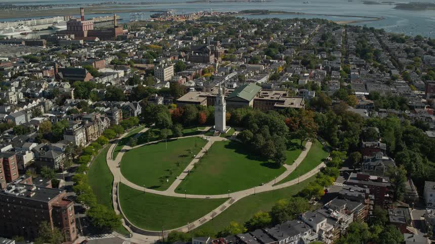 Aerial view of a park in a small coastal town