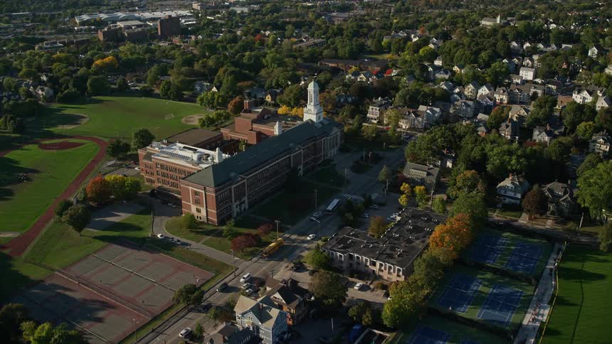 Aerial view of the main building on a university campus