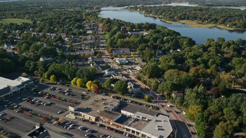 Aerial view of a small town near a river