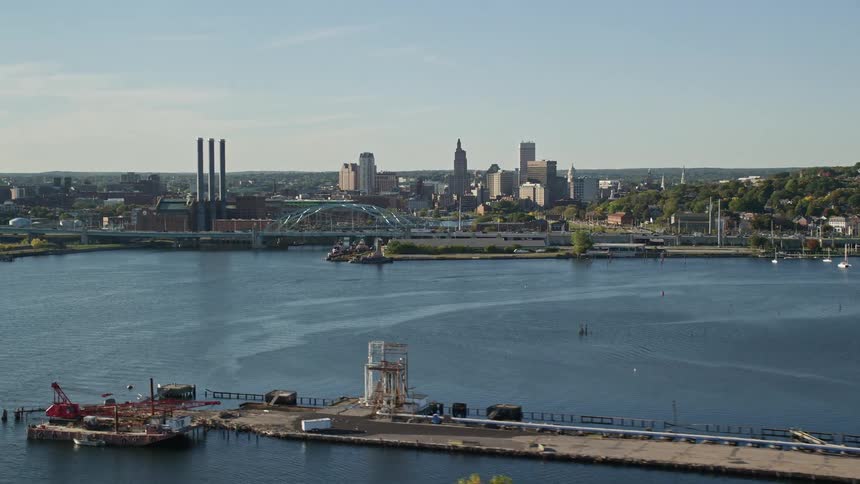 Aerial view of a city next to a river