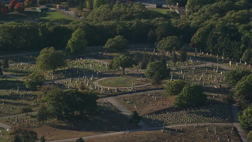 A cemetery with many tombstones and trees
