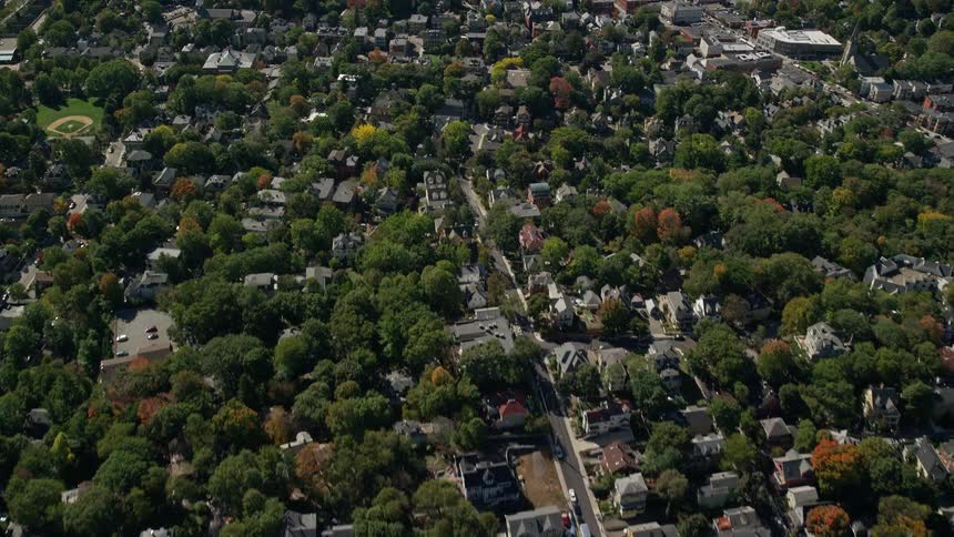 Aerial panorama of a residential city with diversity in green areas and trees