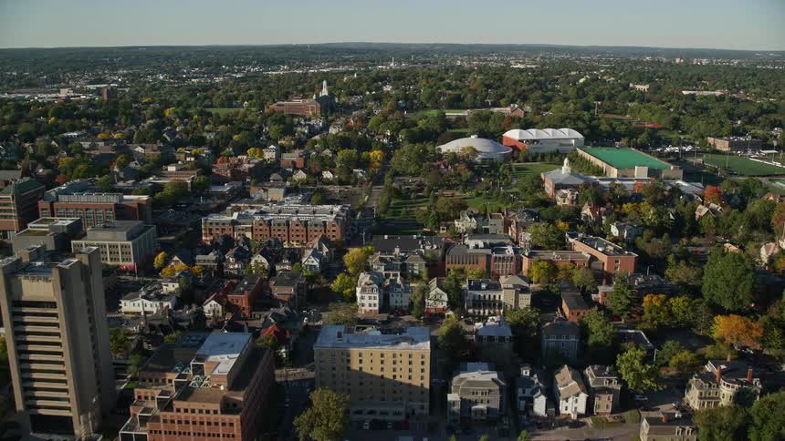 Aerial view of buildings and neighborhoods on a small city
