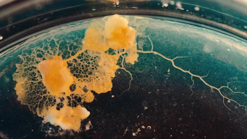 A vibrant yellow fungi grows in a glass dish
