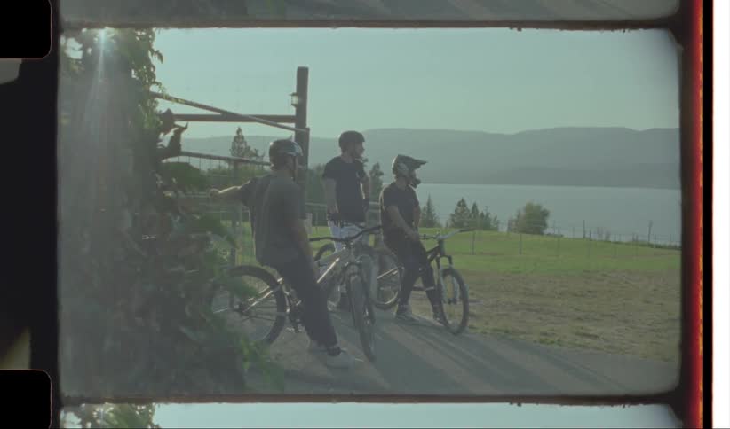 Friends on bicycles hang out on a field next to a lake