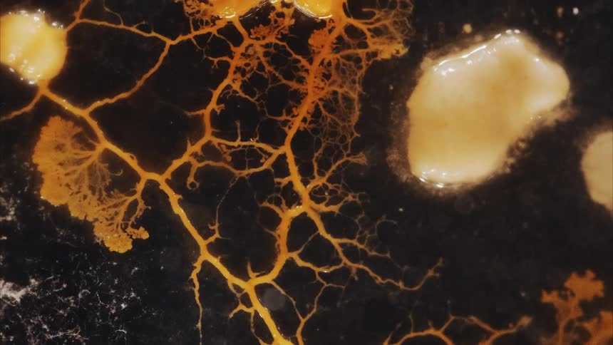 A dramatic view of fungi growing, creating a natural network against a black background
