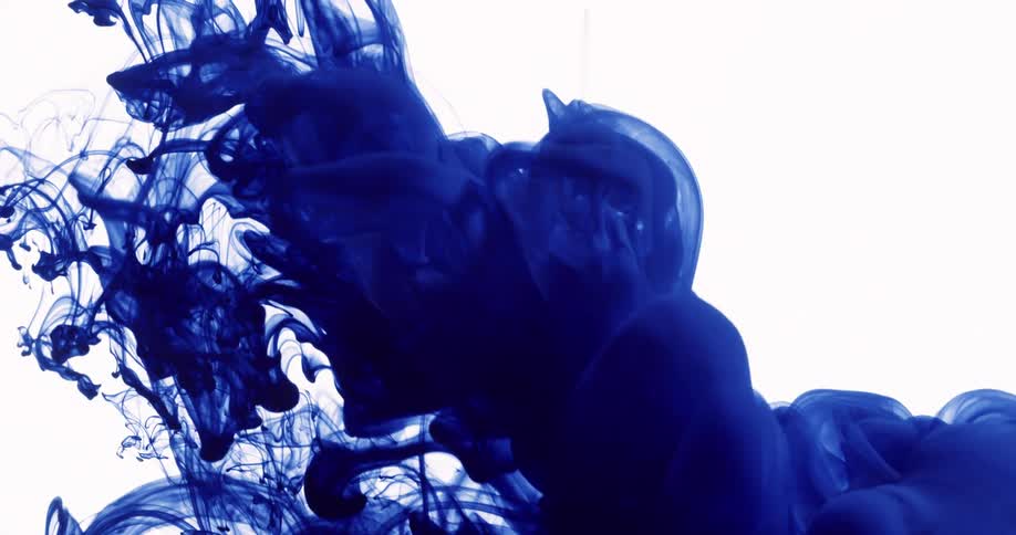 Cloud of blue ink flows down on a white background