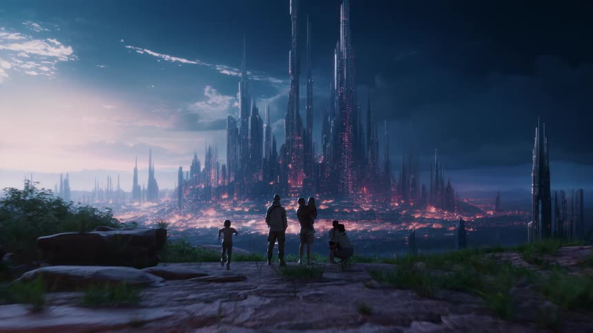 Family looking at a futuristic city from the countryside