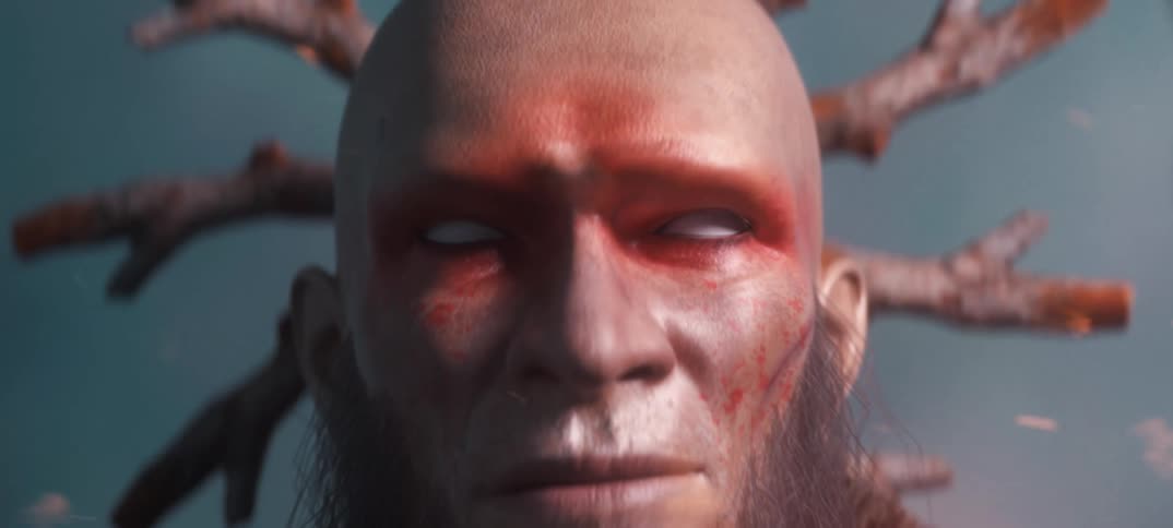 Portrait of a bearded man with white eyes opening in an animation