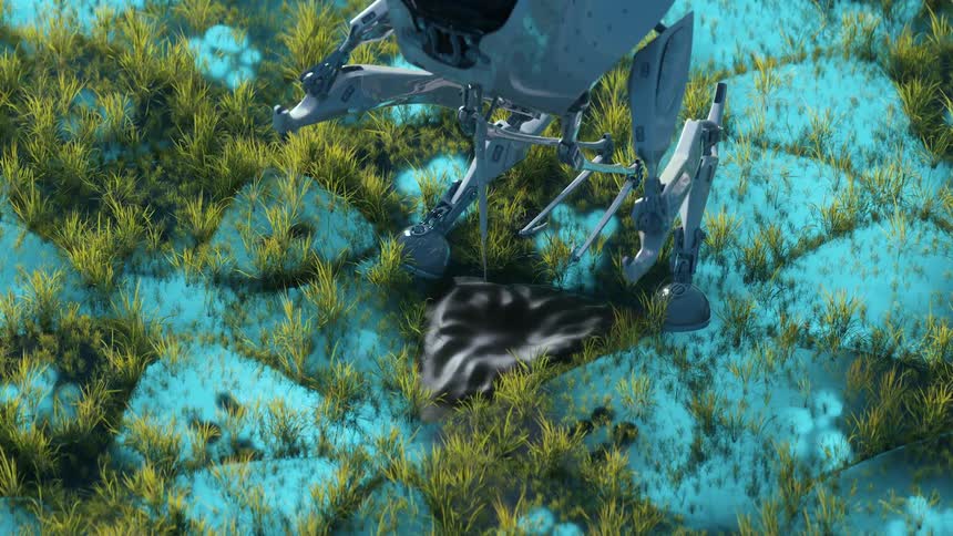 Futuristic robot extends its limbs over an alien field