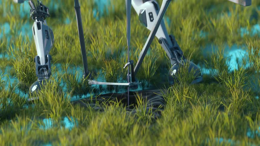 Extremities of a futuristic robot working on an alien field