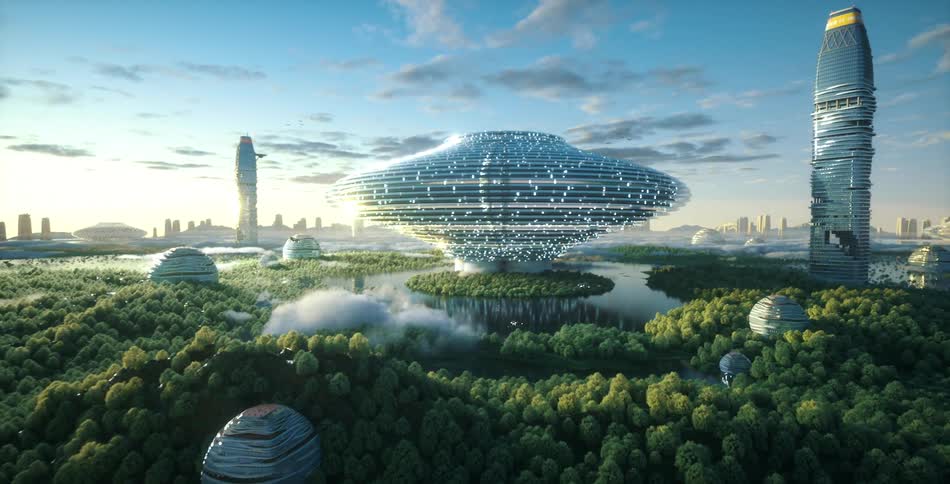 A futuristic city with modern buildings and lots of vegetation on the ground