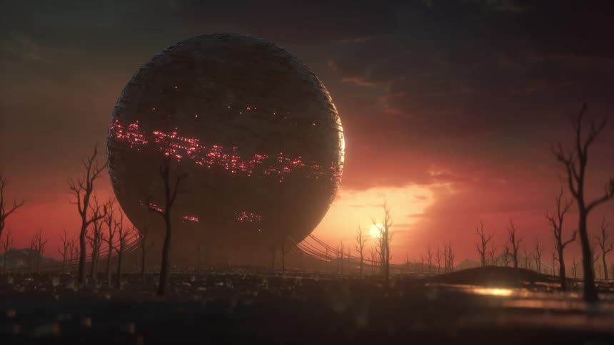 Large spherical futuristic building in a barren landscape at sunset